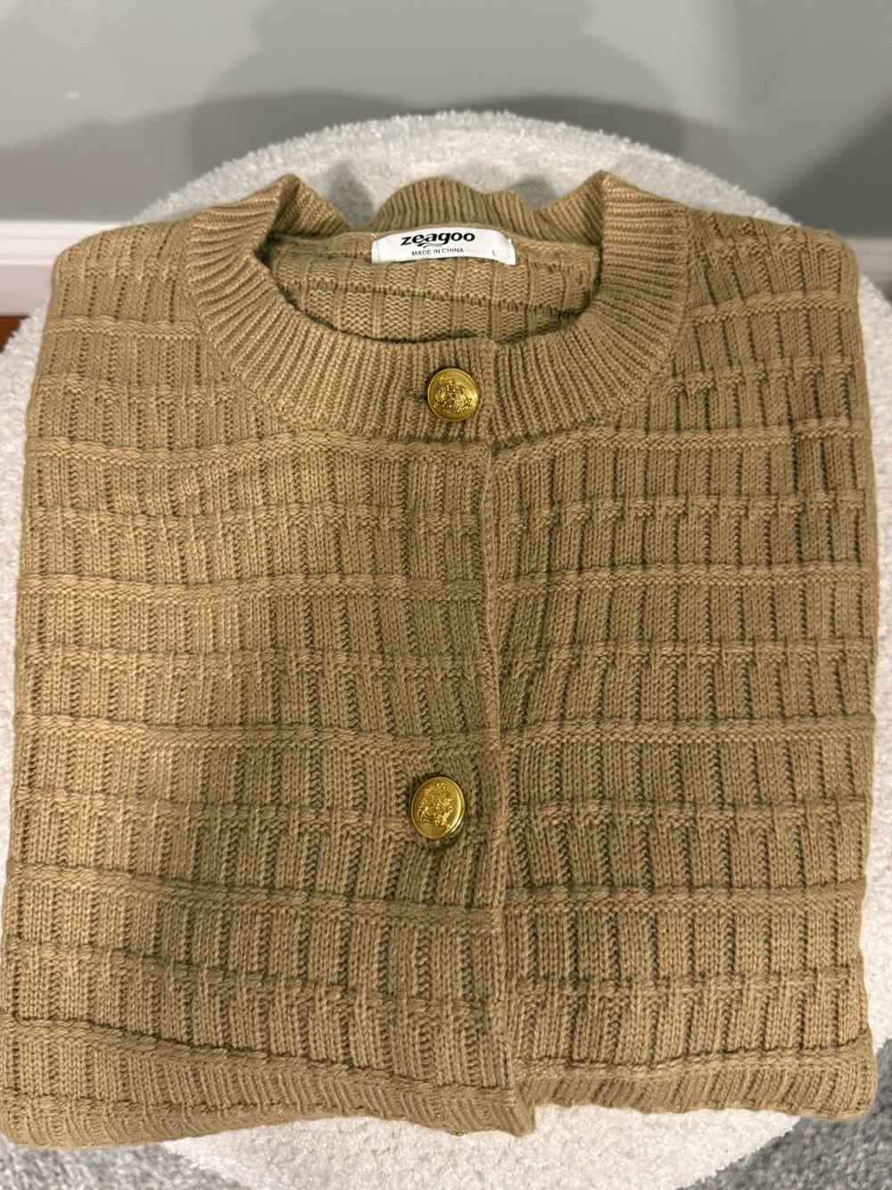 Textured Knit Cardigan in Tan with Gold Buttons